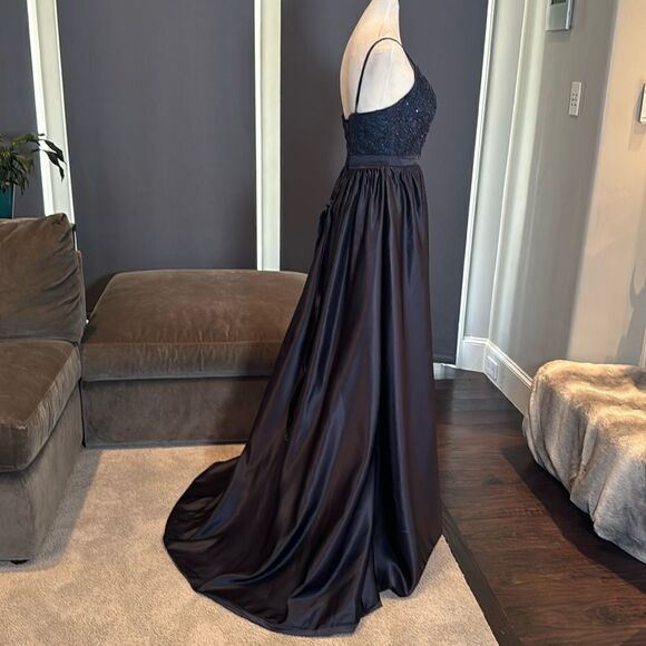 Women’s Blue Full Length Satin Lace Appliqué Party Prom Formal Dress Size 2 NWOT - Picture 7 of 11